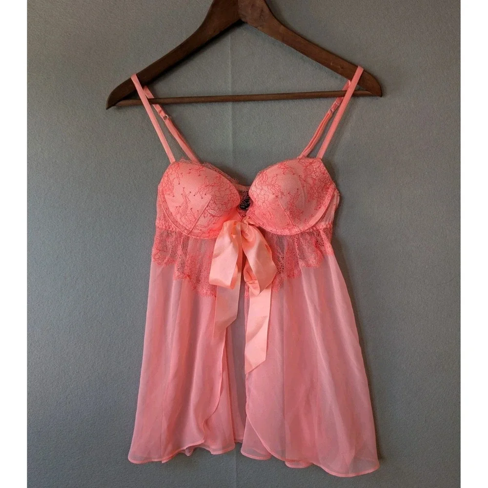 VICTORIAS SECRET Lace Peach Flyaway Sexy Padded Nightie Ribbon Underwire Bra 34B
